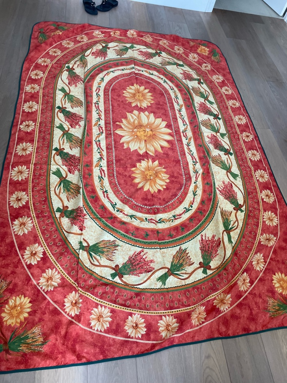 Provence Coral Floral Oval Table Cloth with Sunflower Motif